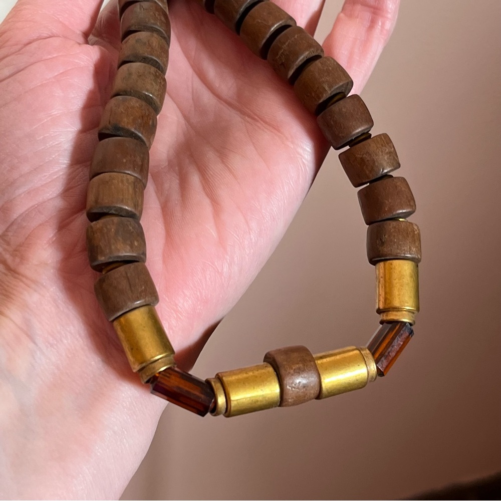 Vintage 1960 70 Bohemian Rustic Teak Wood brass Choker Necklace festival